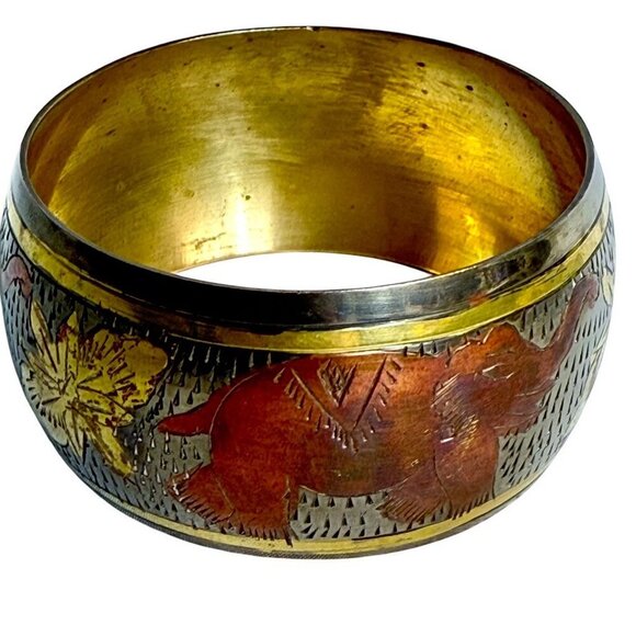 Vintage Brass Elephant Floral Etched Cuff Bracelet - Picture 2 of 5